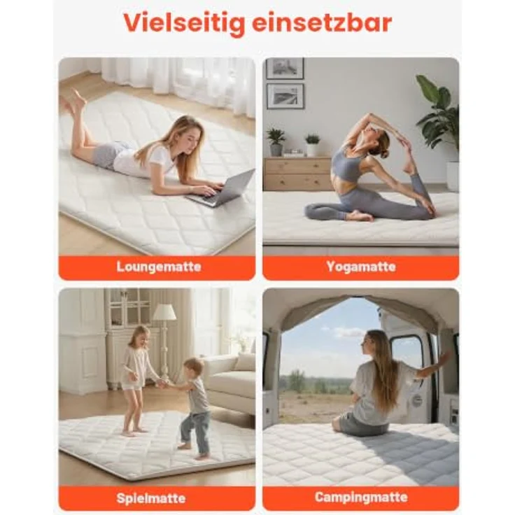 VEVOR japanische Futon-Matratze (2032 x 1524 x 63,5 mm), Faltbare Tatami (Queen Size), Bodenmatratze mit Aufbewahrungstasche & Befestigungsmaterial, 9-lagige Schlafmatte für Meditation Yoga, Weiß – Bild 7