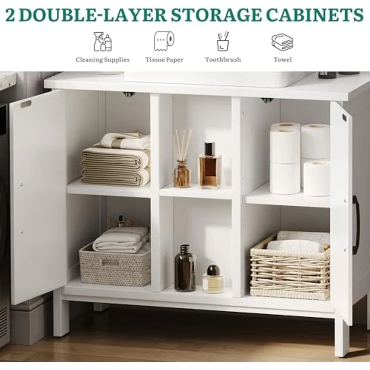 YITAHOME waschbeckenunterschrank mit Zwei geschlossene Schrankelemente, Bad unterschrank 70 cm breit, badezimmerschrank mit offenen Regalen, unterschrank waschbecken, Weiss – Bild 5