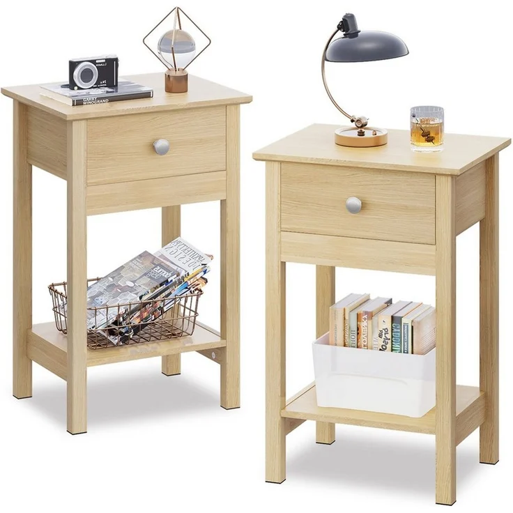 WLIVE Nachttisch Nachttisch mit Schublade und Ablage, Beistelltisch Holz 40×30×60,6cm (2er-Set), offene Ablage – Bild 1