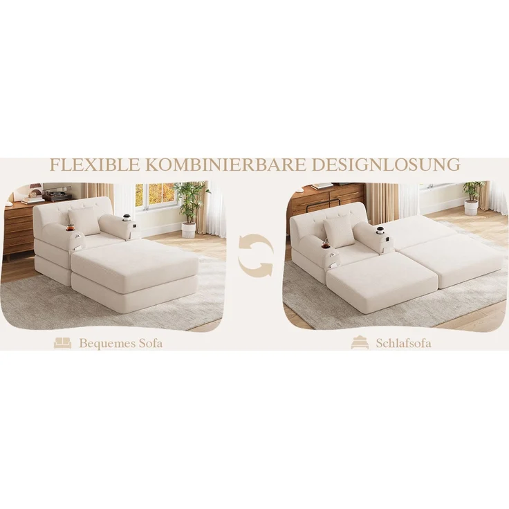 ZUBALIYA Schlafsofa 162x81 cm, mit Stauraum, mit Samtbezug, mit Cordbezug, mit Knopfheftung, mit breiten Armlehnen, Beige – Bild 13