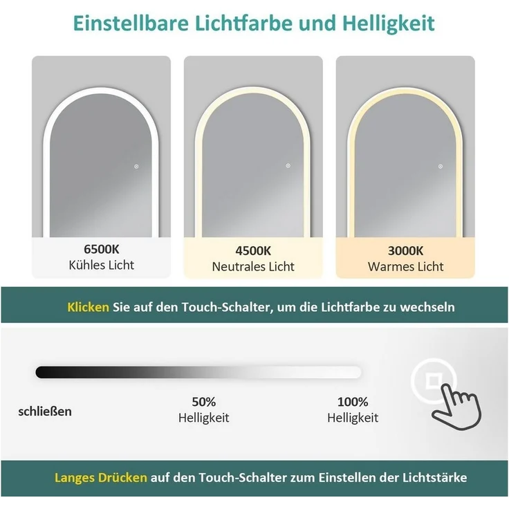 EMKE Standspiegel Bogen Standspiegel Ganzkörperspiegel mit Beleuchtung, 3 Lichtfarbe Einstellbar Dimmbar, mit Rahmen aus Aluminiumlegierung – Bild 3