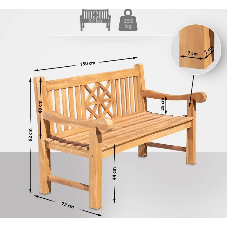 Gartenbank Teakbank VUZAR - Holz Teak 150x72x92 cm | Holzbank 150 Cm Gartenbank Sitzbank Mit Lehne Wetterfest Bank Garten Terrasse – Bild 7