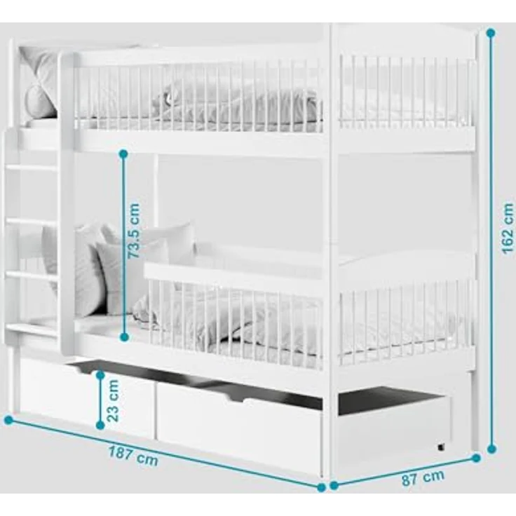 Kids Collective Kinderbett Hochbett Etagenbett 80x180, 90x190, 90x200 cm, mit 2 Schubladen, 80x180 cm von 3. bis 12. Lebensjahr, Weiß – Bild 3