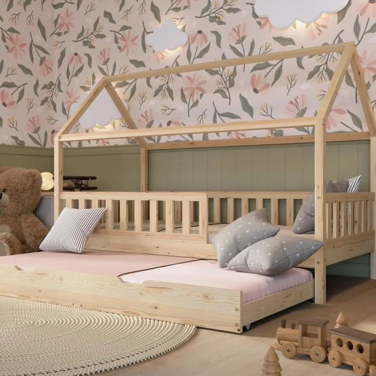 Crazy Pine 'Crazy Blanco' Hausbett mit Rausfallschutz, Skandinavisches Design, Naturholz, Natur, 140x200 cm, mit Ausziehbett