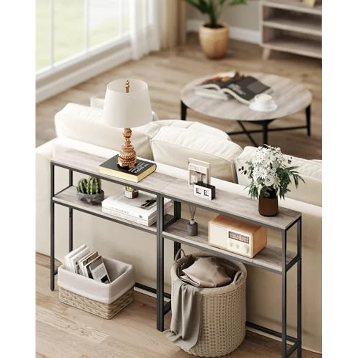 VASAGLE Konsolentisch, schmaler Sofatisch mit 2 Ablagen, 20 x 80 x 80 cm, Flurtisch, 2 Ebenen, für Flur, Wohnzimmer, Schlafzimmer, Greige meliert-tintenschwarz LNT130K02 – Bild 6
