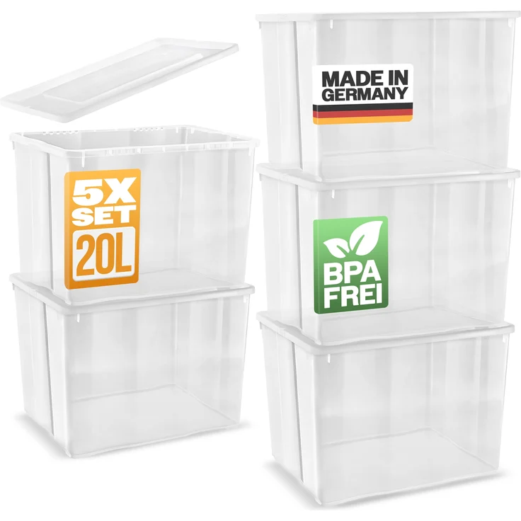 Gardissimo 5er-Set Aufbewahrungsbox Kunststoff Klarsichtbox Belüftung 20L – Bild 1