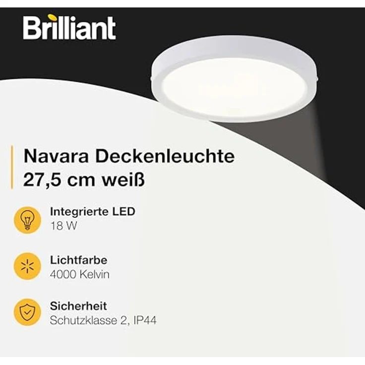 Brilliant LED Deckenleuchte Navara, LED fest integriert, Neutralweiß, Ø 27,5cm, Höhe 3 cm, 1900 lm, 4000 K, IP44 – Bild 2