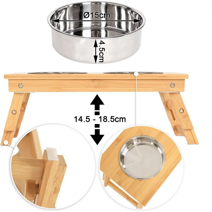 lionto Katzennapfständer aus Bambus, höhenverstellbare Futterstation mit 2 Edelstahlnäpfen, ergonomisch (2×0,7 L) – Bild 6