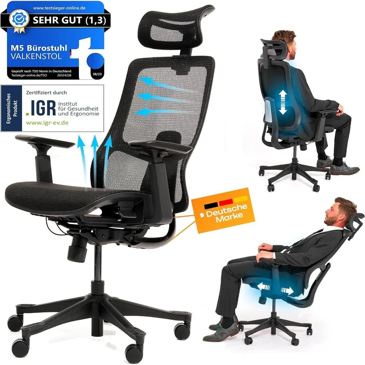 VALKENSTOL M5 MESH-SITZ Bürostuhl ergonomisch mit Mesh Sitz - 5 Jahre Garantie - 3D-Armlehnen - adaptive Lordosenstütze - verstellbare Sitztiefe – Bild 1