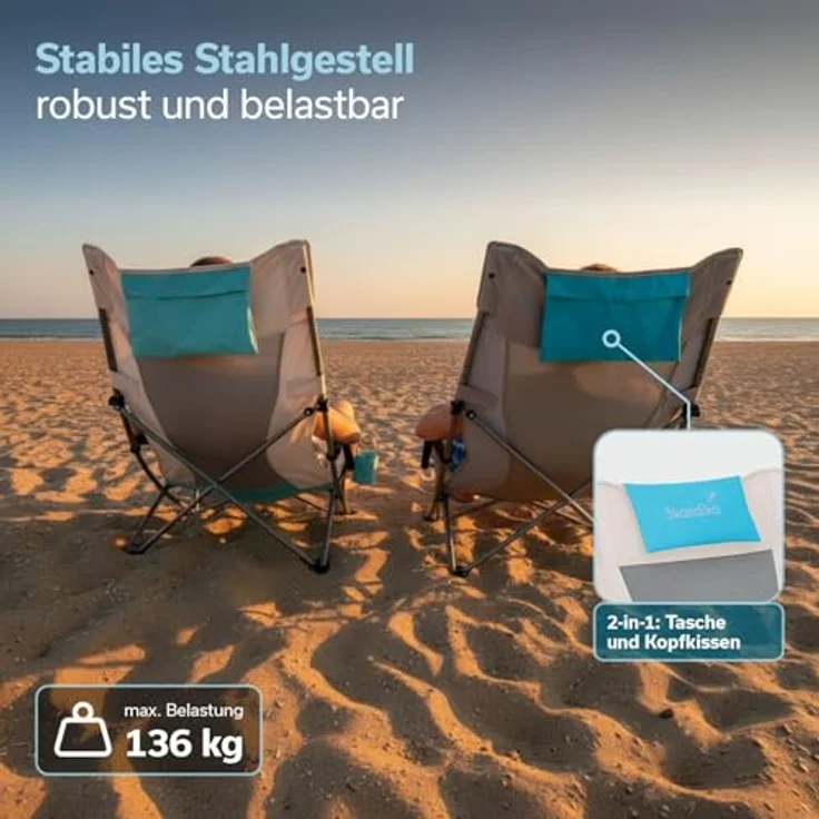 Skandika Strand Klappstuhl Beach | Bequemer Strandstuhl mit atmungsaktivem Mesh, Getränkehalter, niedrig, leicht zu transportieren, max. 136 kg | Faltbarer Campingstuhl, Liegestuhl (beige/türkis) – Bild 6