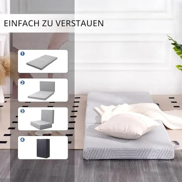 EGO Home Klappmatratze 75x195 cm, Gästematratze Klappbar Höhe 10 cm, Faltbare Matratze Härtegrade H3, Reisematratze, 3-Teilige Gel Visco Schaumstoff Faltmatratze für Reisen, Camping, Boden, Gästebet – Bild 6