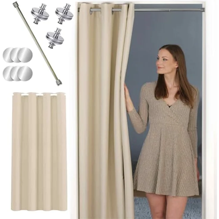 tinycurtains Türvorhang mit Stange silber 70-120 cm Thermo Vorhang ohne Bohren, blickdicht, Ösen, abdunkelnd, Polyester, beige Driftwood, Türgardine mit Klemmstange Raumteiler verdunkelnd – Bild 2