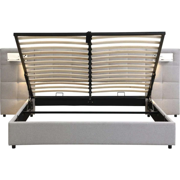 Polsterbett mit LED-Beleuchtung, Wireless Charger und Stauraum, extra breites Kopfteil mit Spots, Type-C und USB Anschlüssen, 180x200 cm, gepolsterter Kopfteil, Doppelbett, Stauraumbett, Leinen – Bild 7