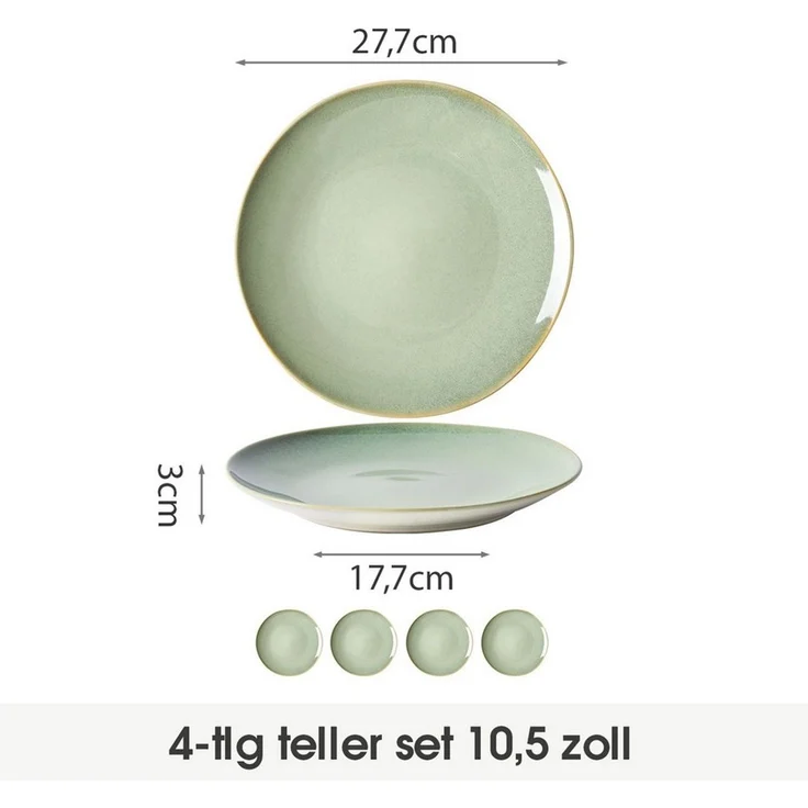 JIWOO Teller 4er Ø27,7cm, Speiseteller Steakteller Pastateller Dessertteller, (4 St), Keramik Hochwertiges Tellerset Grün Mikrowellenofen Spülmaschine – Bild 2
