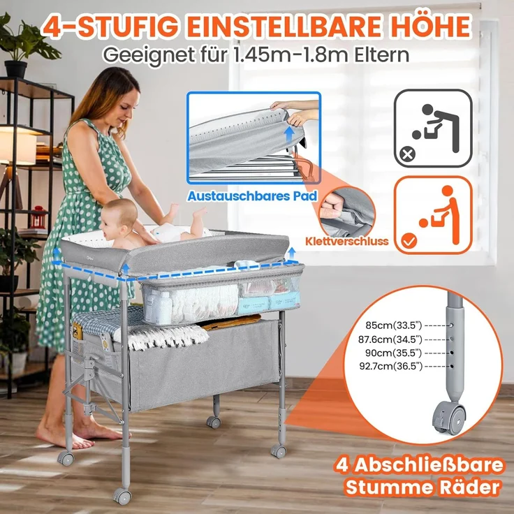 Orzbow Tragbarkeit Baby Wickelkommode mit Schubladen und Nachtlicht, Höhenverstellbare Mobiler Baby Wickeltisch Klappbar mit Sicherheitsgurt, Geräumiger Stauraum Baby Changing Table, Grau – Bild 5