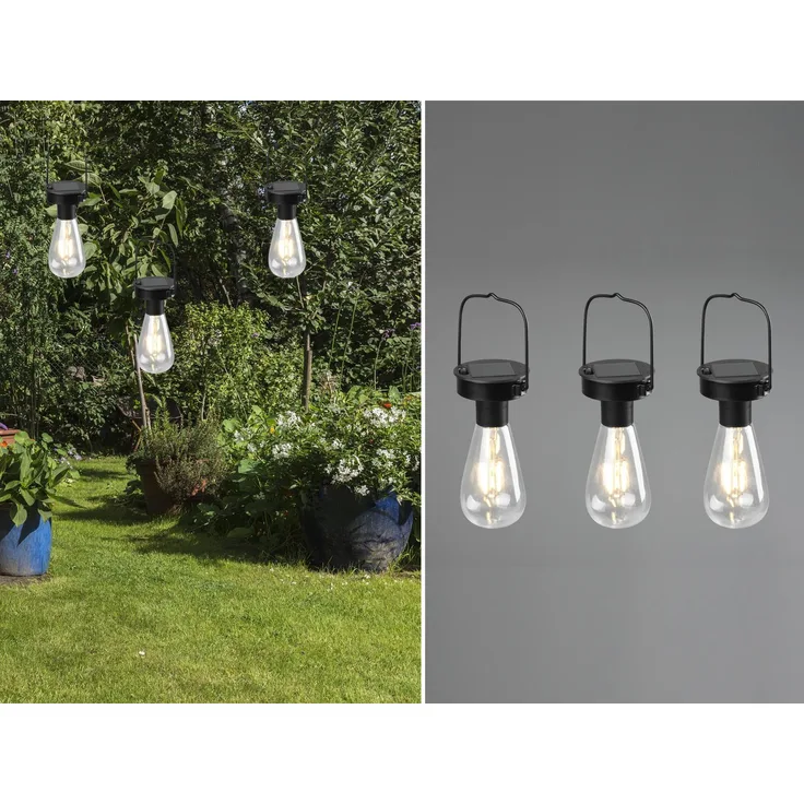 LED Solarlaterne CAMPUS 3er SET zum aufhängen Schwarz Ø7cm Höhe 23cm