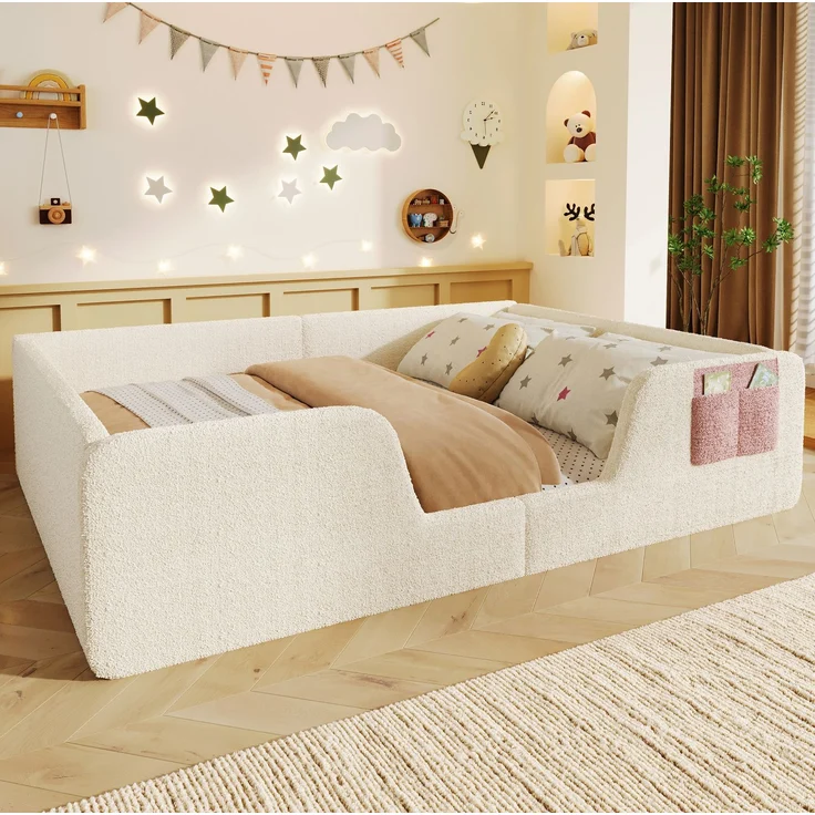 CHICFURN Polsterbett aus Samt Beige 140x190 cm mit abnehmbaren Seitengittern – Bild 3