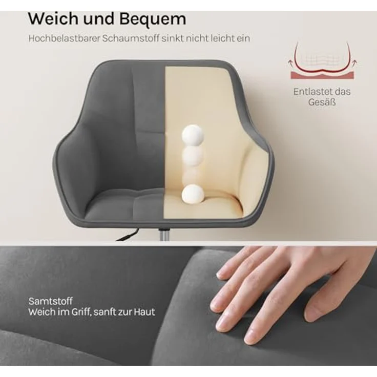 WOLTU Homeoffice Stuhl, Schreibtischstuhl, Drehstuhl, Schminkstuhl, höhenverstellbar, bis 150 kg belastbar, mit Armlehnen Samtsitz, für Schlafzimmer Büro Wohnzimmer, Dunkelgrau+Schwarz BS145dgr – Bild 7