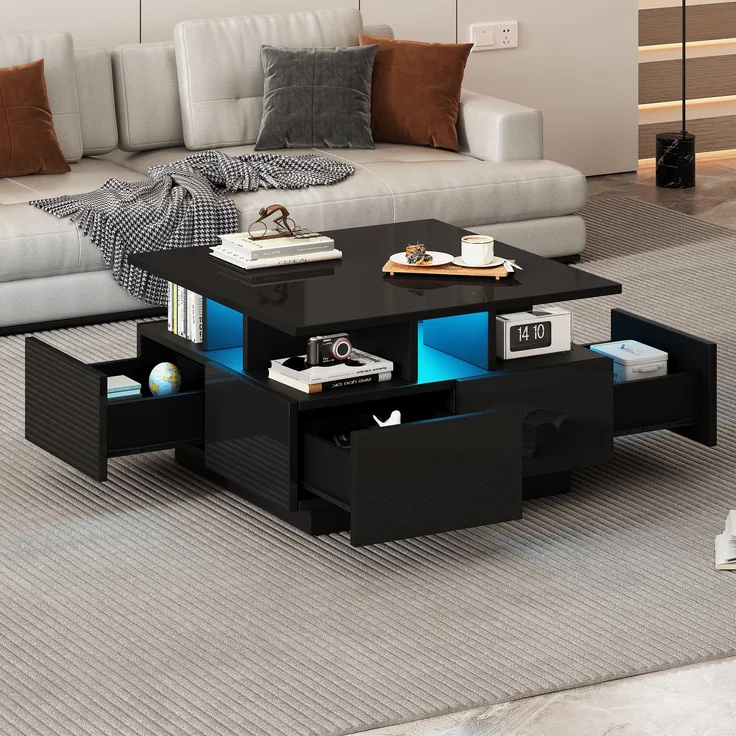 Merax Couchtisch mit LED licht, sofatisch mit 4 schubladen, Beistelltisch, Schwarz