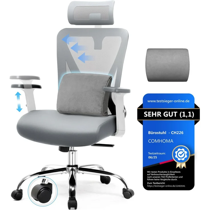 COMHOMA Bürostuhl Ergonomisch [TESTSIEGER], Schreibtischstuhl mit 3D-Kopfstütze & 3D-Lendenwirbelstütze, verstellbare Armlehnen, Office Chair mit Wipp- und Kippfunktion, Grau