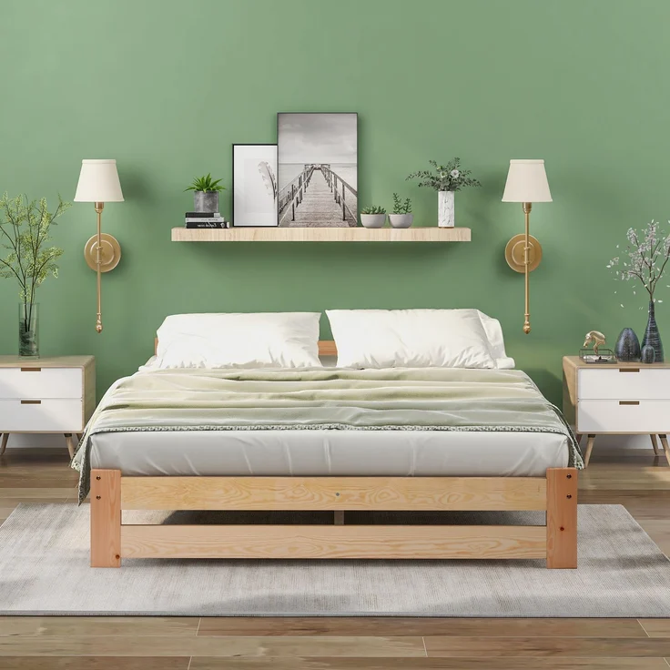 Solide Massivholzbett Futonbett Massivholz Natur Bett aus mit Kopfteil und Lattenrost , Natur (200x140cm) – Bild 2