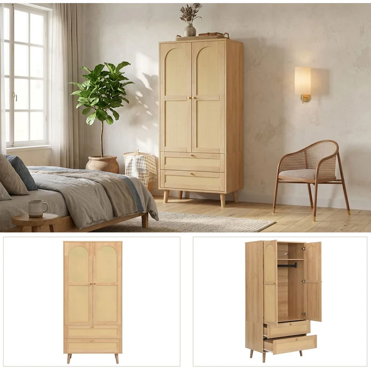 Kleiderschrank in Naturholz-Optik, Mehrzweckschrank mit Rattan-Design, Kleiderstange, Ablagefächern und 2 Schubladen, moderner Garderobenschrank für Schlafzimmer, Flur und Ankleidezimmer--Natürlich--80x50x180cm--YOUDENOVA – Bild 7
