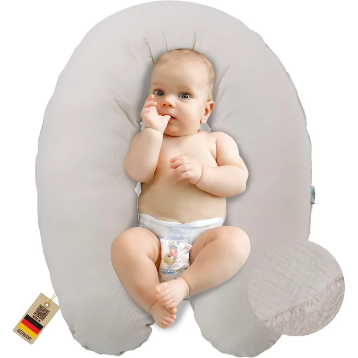 sei Design Musselin Stillkissen XXL 190x30 Öko-Tex Seitenschläferkissen | Ergonomisches Schwangerschaftskissen Lagerungskissen | Bezug aus Musselin [Baumwolle] & Teddyplüsch
