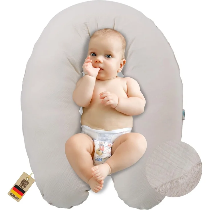 sei Design Musselin Stillkissen XXL 190x30 Öko-Tex Seitenschläferkissen | Ergonomisches Schwangerschaftskissen Lagerungskissen | Bezug aus Musselin [Baumwolle] & Teddyplüsch – Bild 1
