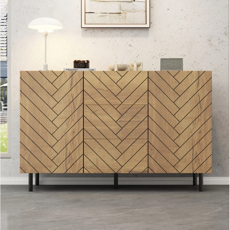 DESVIAE Sideboard mit 3 Schubladen und 2 Schränken 120x76x40 cm Spanplatte Holzoptik Schwarz – Bild 2