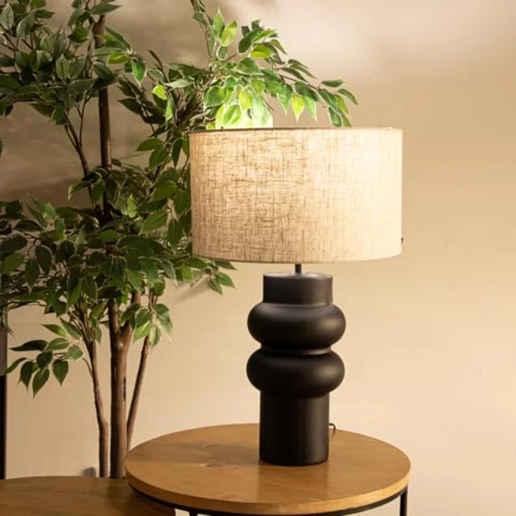 QAZQA Alisia Design Tischleuchte, Schwarz mit hellgrauem Stoffschirm, 35 cm, dimmbar, E27 Fassung, Keramik, geeignet für Wohnzimmer und Schlafzimmer – Bild 2