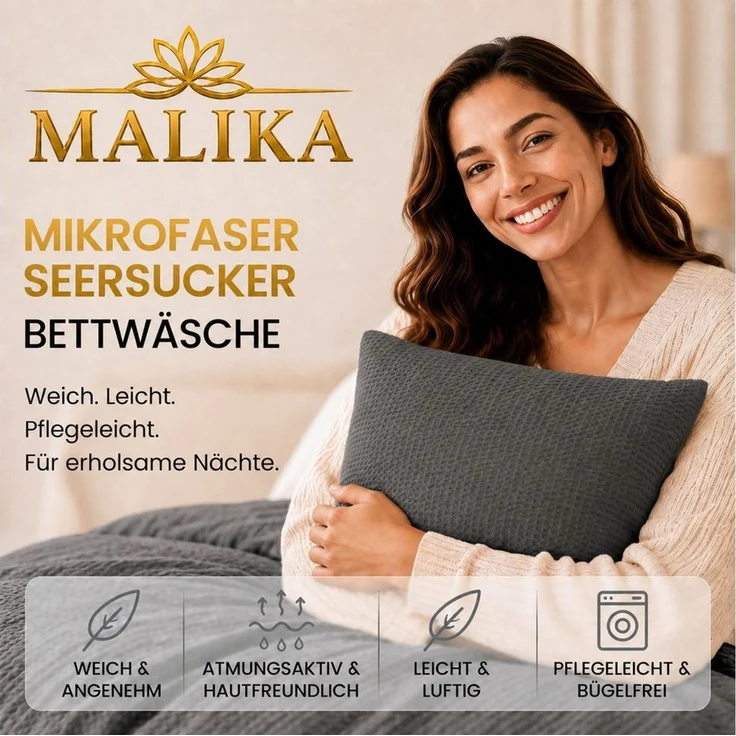 Malika Bettwäsche aus 100 % Mikrofaser, 135x200 + 80x80 cm, Seersucker, Anthrazit, Seersucker, 2 teilig, Für Allergiker geeignet, pflegeleicht, angenehm weicher Stoff – Bild 2