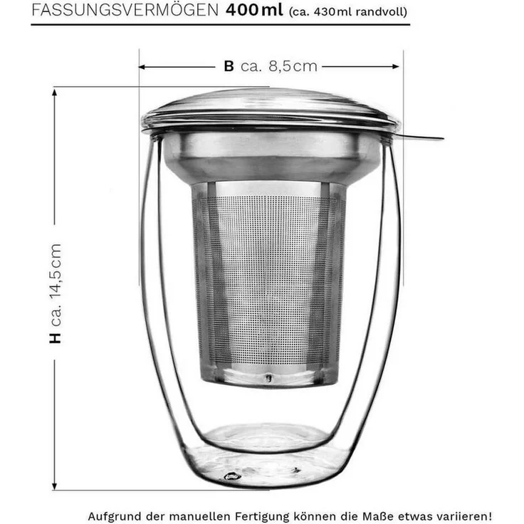 Creano Teeglas Creano doppelwandiges Teeglas mit Edelstahlfilter und Glasdeckel -, Borosilikatglas, 3-teilig – Bild 2