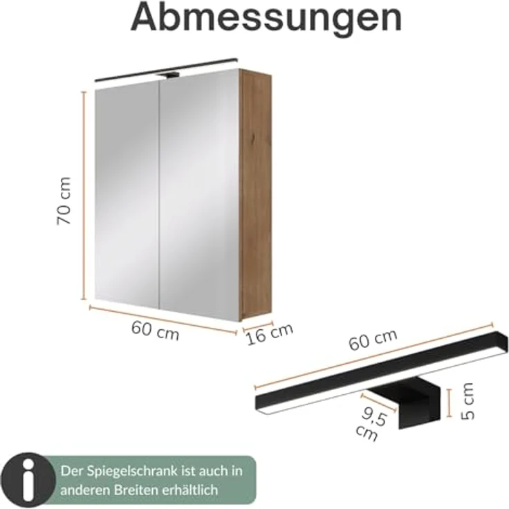 Planetmöbel ARIA Spiegelschrank Bad mit Beleuchtung 60 cm breit | Badschrank hängend mit Spiegel | Gold Eiche, mit Leuchte und Steckdose, Spiegelschrank Gäste WC 60 x 70 x 16 cm – Bild 4