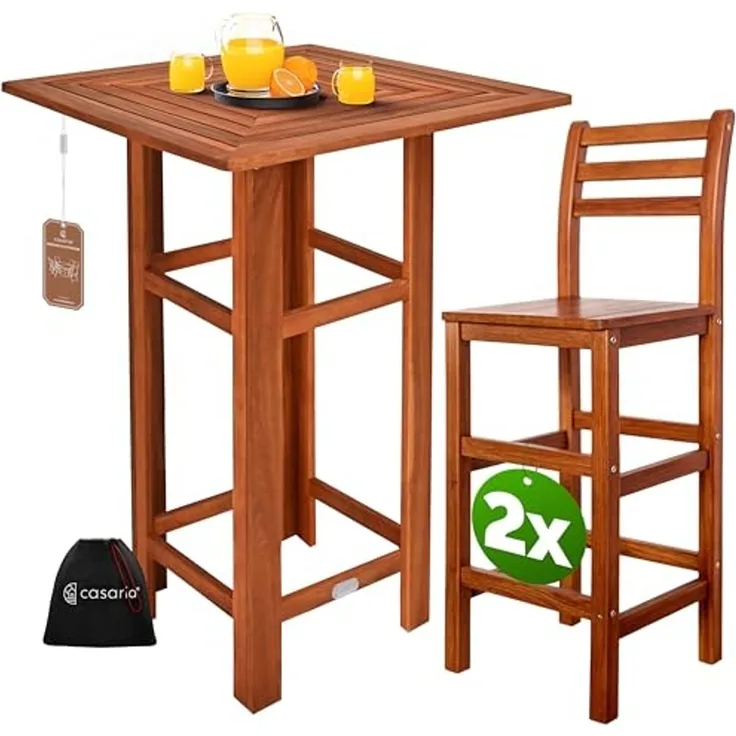 CASARIA® Bartisch mit Barhocker Set Outdoor Akazie 110 x 75 x 75 cm