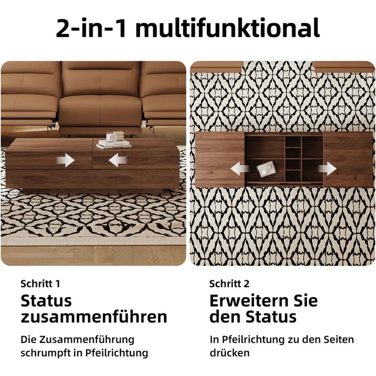 oleyluckidea Couchtisch Ausziehbarer Kaffeetisch mit Stauraum, Wohnzimmertisch Sofatisch (Einzelstück), Breite 120 cm, Nussbaum 120-208 cm für Wohnzimmer – Bild 4
