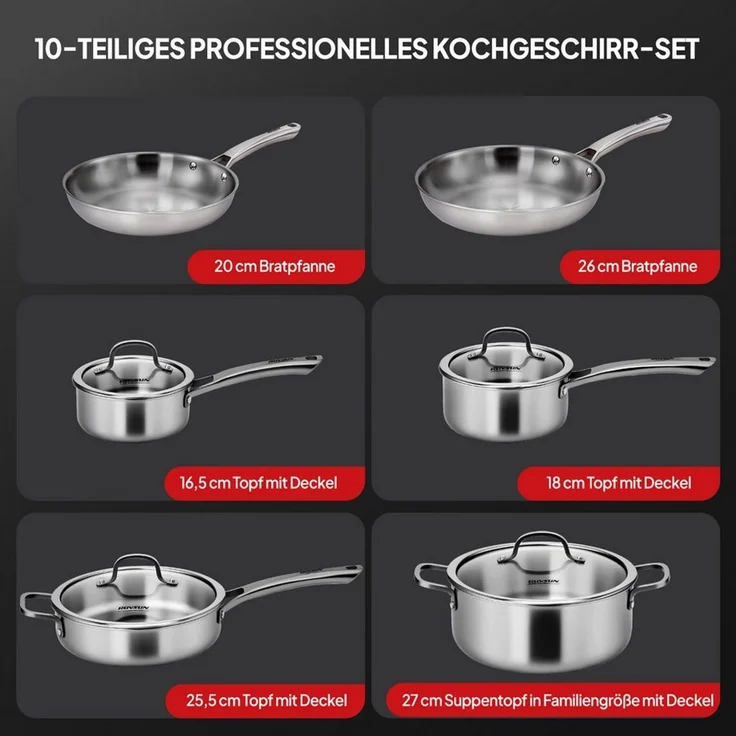 VINGLI Pfannen-Set Pfannenset Edelstahl, Bratpfannen, PTFE frei, (10-tlg, 2 Pfannen 4 Töpfe mit 4 Glasdeckeln), für alle Herdarten, Spülmaschinenfest – Bild 2