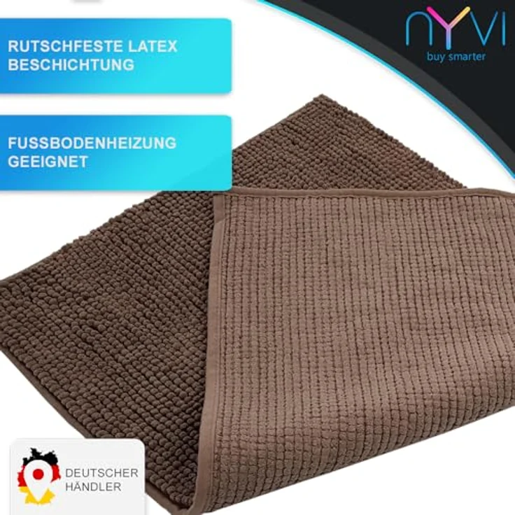 NYVI NYVISpa Badematten Set 2-teilig, Chenille 45x50 + 50x80 cm, Taupe, rutschfest, saugfähig, schnell trocknend, für Fußbodenheizung geeignet, Oeko-TEX zertifiziert – Bild 4