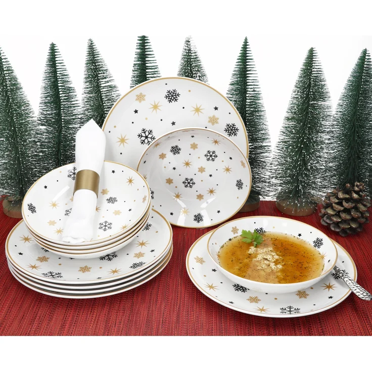 12tlg Tafelservice Stars schwarz gold 6 Personen Essteller Suppenteller Weihnachten – Bild 3