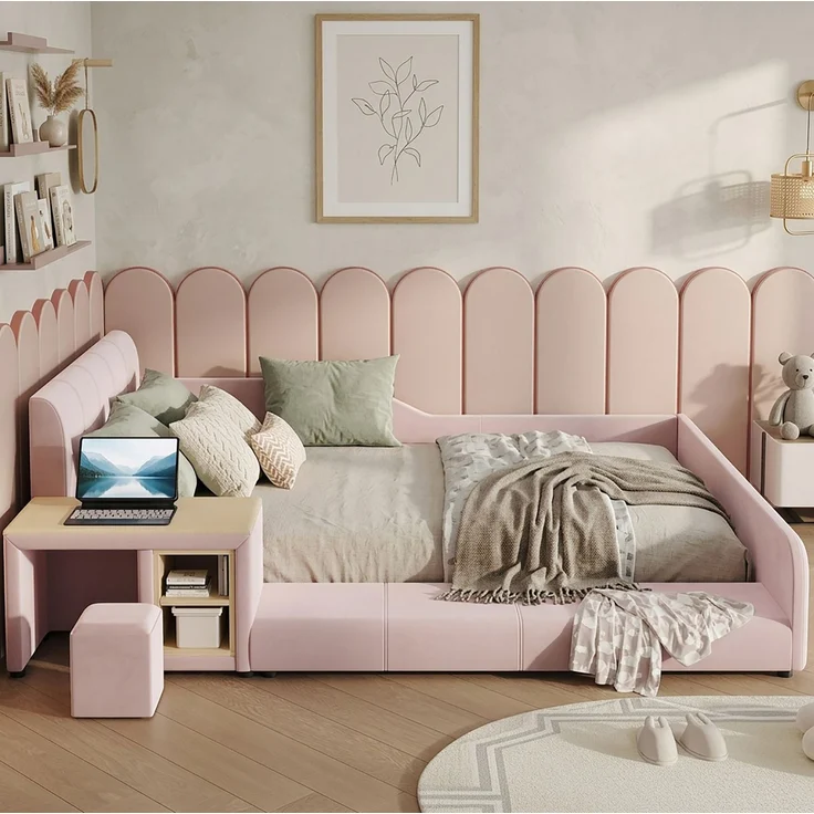 Kinder-Polsterbett, Samt mit Schreibtisch, Hocker & Ablageboden, 140x200 cm, Rosa, ohne Matratze – Bild 2