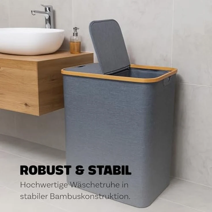 Bestlivings Wäschekorb mit Bambusrahmen inkl. 2 Fächern 54x34x65 cm, 120L, 2-geteilter Deckel, Bezug: 100% Polyester, atmungsaktiv – Bild 6