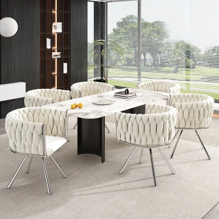 Merax Samt-Esszimmerstuhl, 4er set, Schlafzimmer-Drehstuhl, 360° drehbar Freizeit-Drehstuhl mit vier Stützbeinen aus Metall, beige+Silber – Bild 3