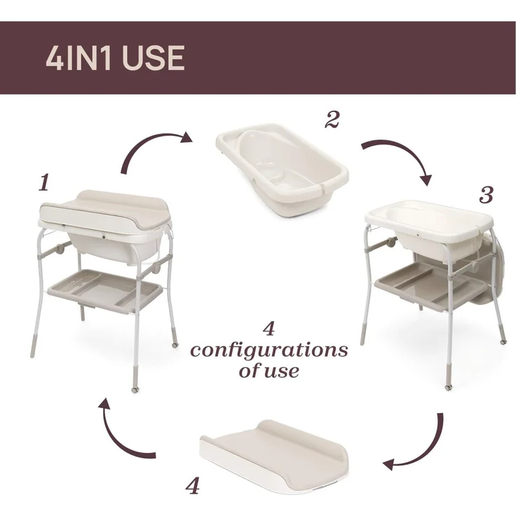 Chicco Soft Bubble Armonia Klappbare Wickelkommode, Baby Wickeltisch mit Integrierter Babywanne, 4in1 Herausnehmbare Badewanne, Platzsparendes Gestell mit Rollen, Höhenverstellbar, Beine in Holzoptik – Bild 2
