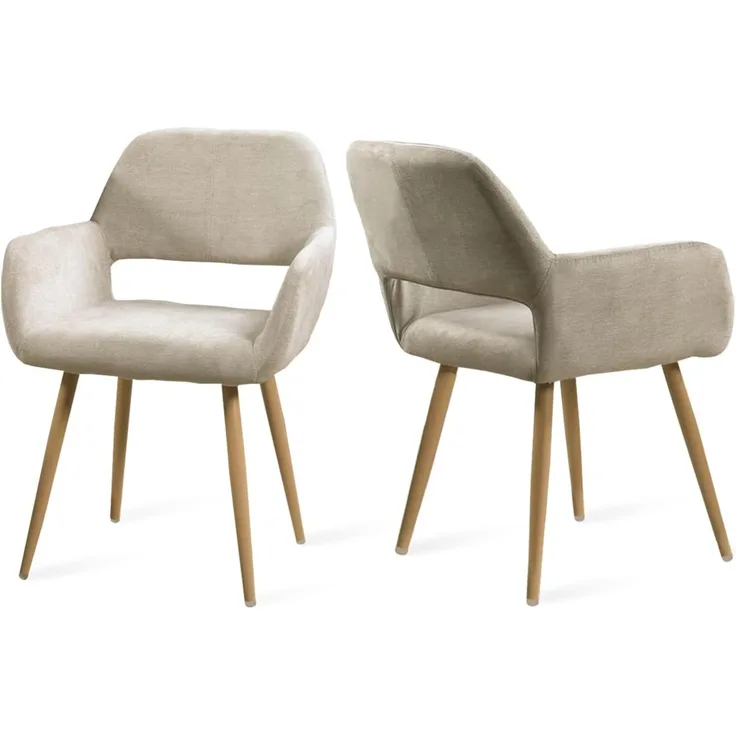 MEUBLE COSY Esszimmerstuhl 2er Stück Küchenstuhl Polsterstuhl Wohnzimmerstuhl Sessel mit Armlehne, Sitzfläche aus Stoff, Metallbeine, Beige