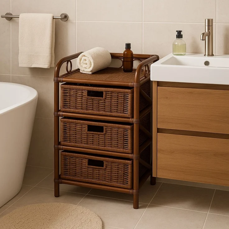 Rattanregal mit 3 Schubladen – Handgeflochtene Kommode im Naturlook dunkelbraun – Bild 1