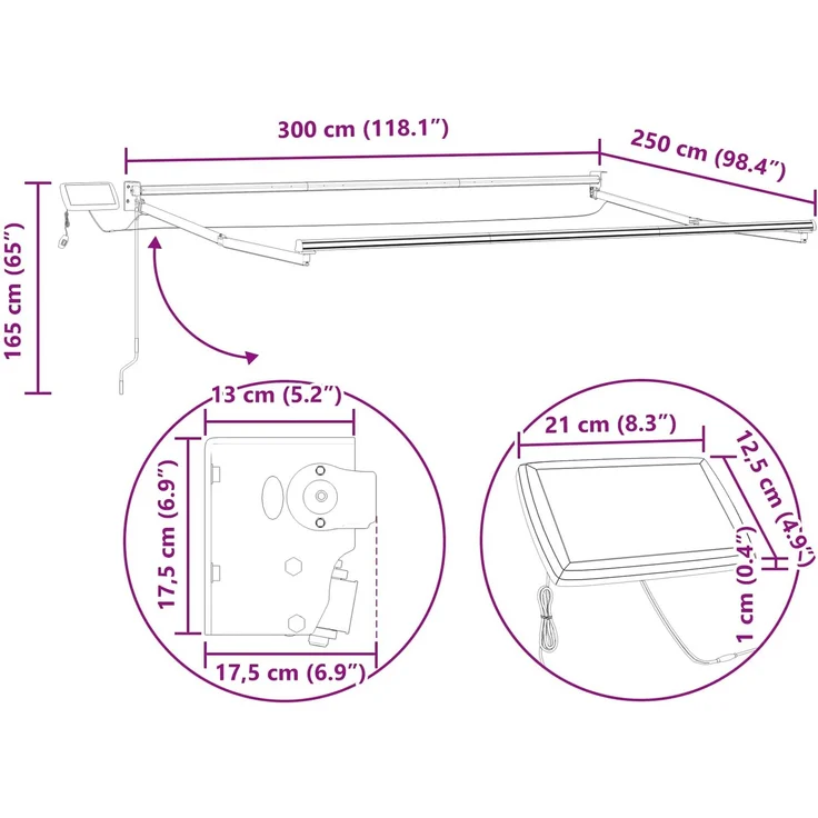 vidaXL Manuelle Gelenkarmmarkise mit LEDs Weiß 3x2,5 m 3419431 – Bild 10