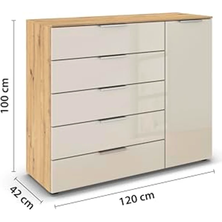 Rauch Möbel Flipp, Kommode für Schlafzimmer, Kinderzimmer, Wohnzimmer, Jugendzimmer, Flur, Garderobe, 1-türig, 5 Schubladen, mit Softclose-Funktion, Farbe Eiche Artisan, Holz/Glas Beige, Breite 120 cm – Bild 4