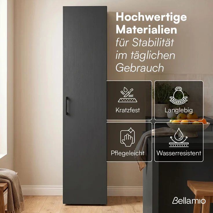 Bellamio 'Apol' Mehrzweckschrank schmal, schwarz, 176x33x40 cm, Besenschrank mit Staubsaugerfach und 3 kleinen Fächern – Bild 3