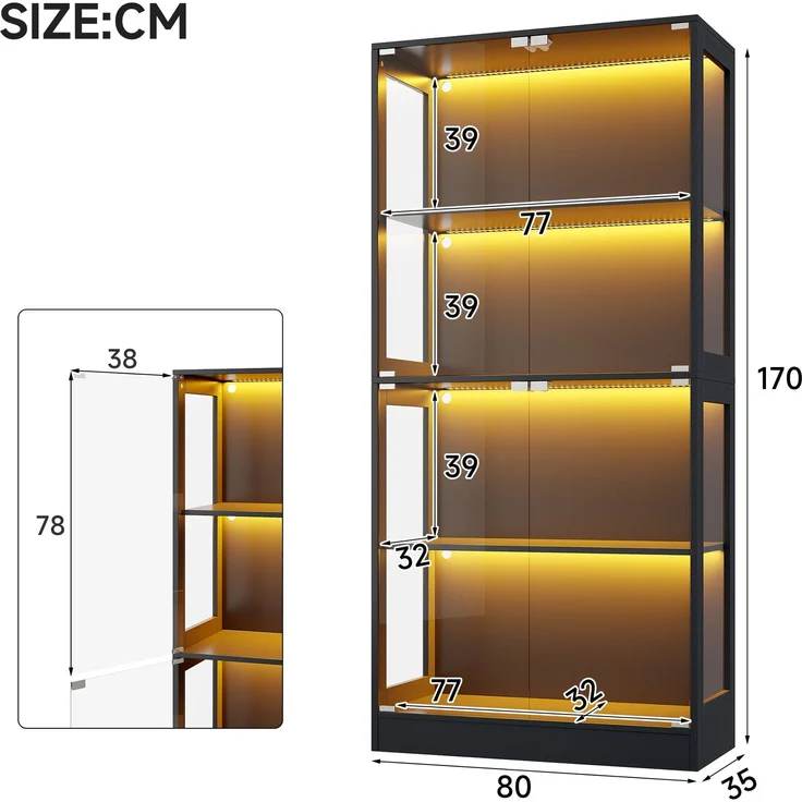 Merax 170 cm LED Vitrine, Glas Sammlungsvitrine Transparent, 4 Ebenen Stauraum, App-gesteuertes LED-Licht, Push-to-Open Türen, Vitrine für Figuren & Modelle, Schwarz – Bild 4