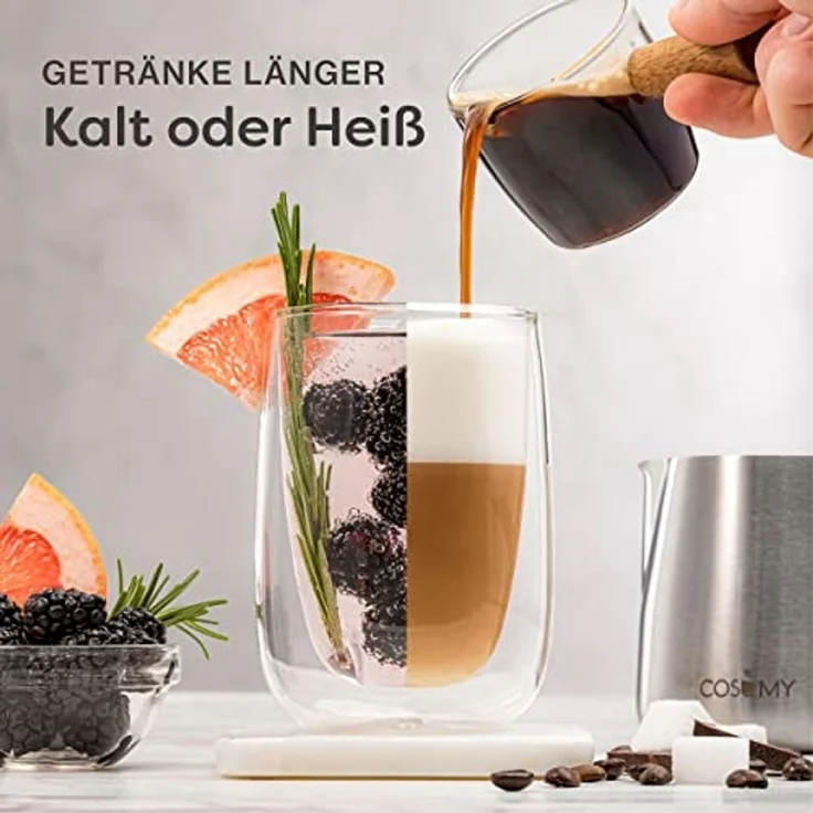 Cosumy Gläser-Set 4 doppelwandige Cappuccino Thermogläser 250ml - Halt die Temperatur, 4-tlg, Glas, Cappuccino Thermogläser - für Heiß- und Kaltgetränke – Bild 3