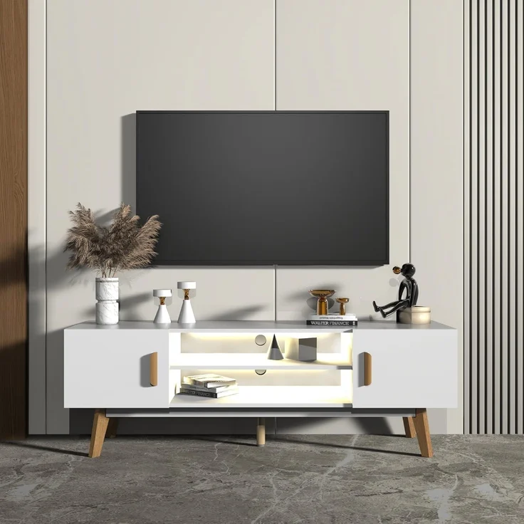 kalb Lowboard Lia weißes TV Lowboard mit integr. Beleuchtung im Skandi Look 150cm – Bild 1